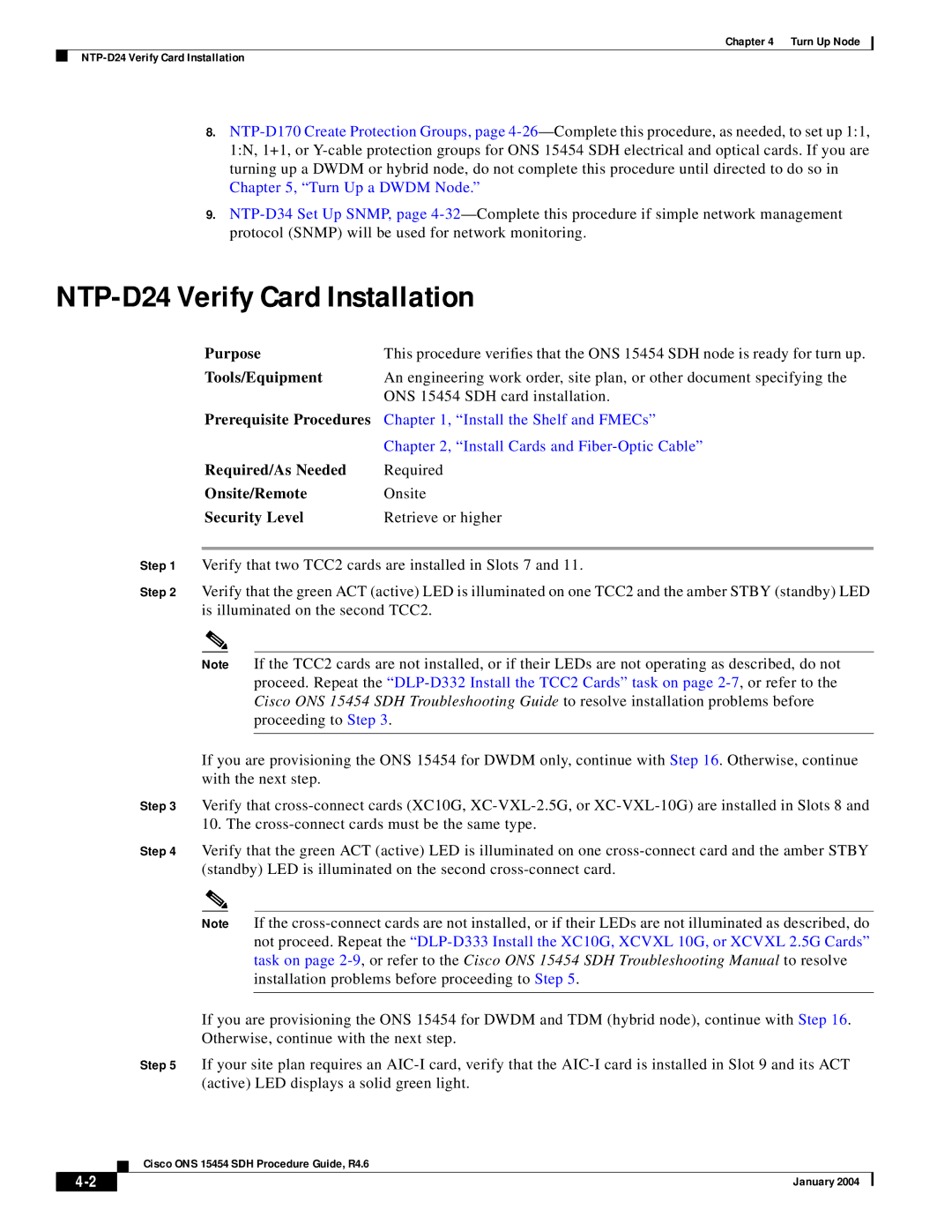 Cisco Systems Cisco ONS 15454 SDH manual NTP-D24 Verify Card Installation, Install Cards and Fiber-Optic Cable 