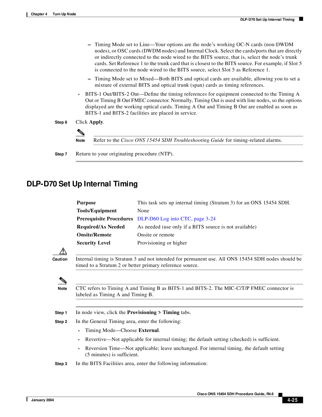 Cisco Systems Cisco ONS 15454 SDH manual DLP-D70 Set Up Internal Timing 