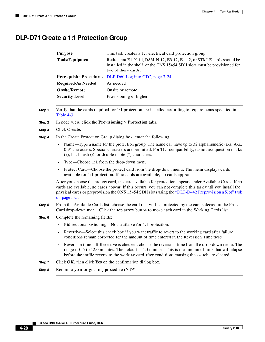 Cisco Systems Cisco ONS 15454 SDH manual DLP-D71 Create a 11 Protection Group, Purpose 