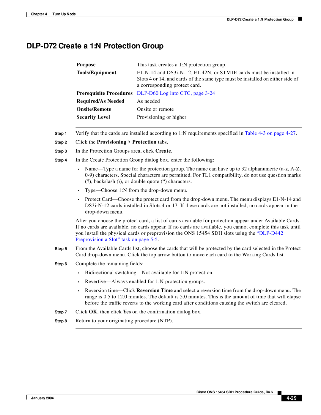 Cisco Systems Cisco ONS 15454 SDH manual DLP-D72 Create a 1N Protection Group, Click the Provisioning Protection tabs 