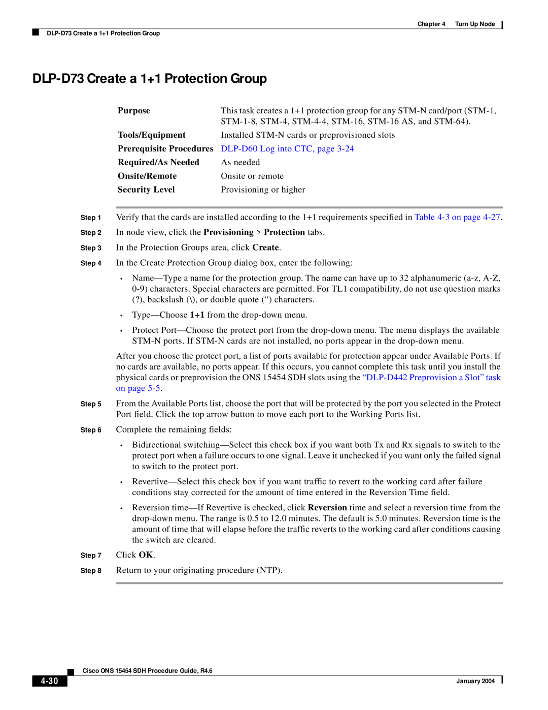 Cisco Systems Cisco ONS 15454 SDH manual DLP-D73 Create a 1+1 Protection Group 