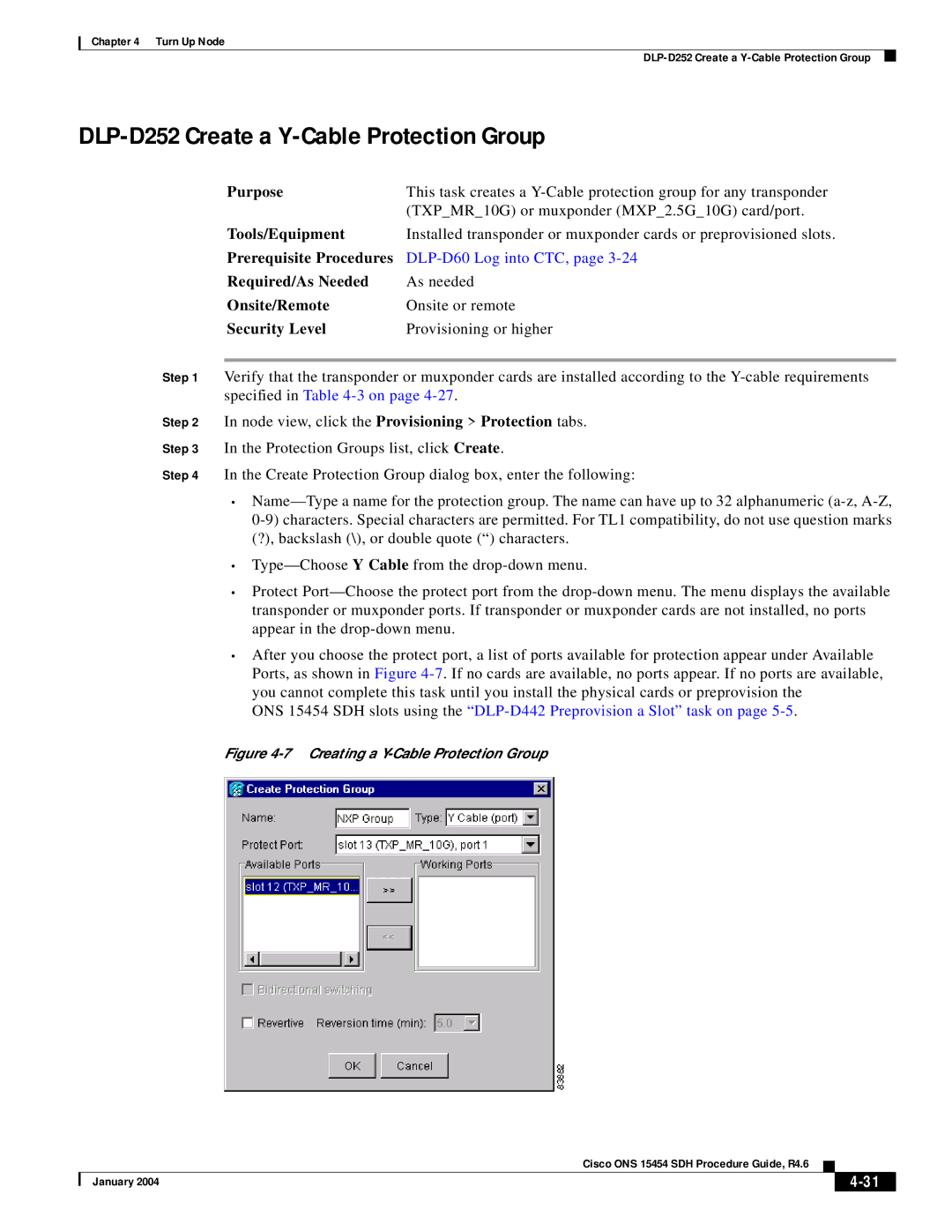 Cisco Systems Cisco ONS 15454 SDH manual DLP-D252 Create a Y-Cable Protection Group, Creating a Y-Cable Protection Group 