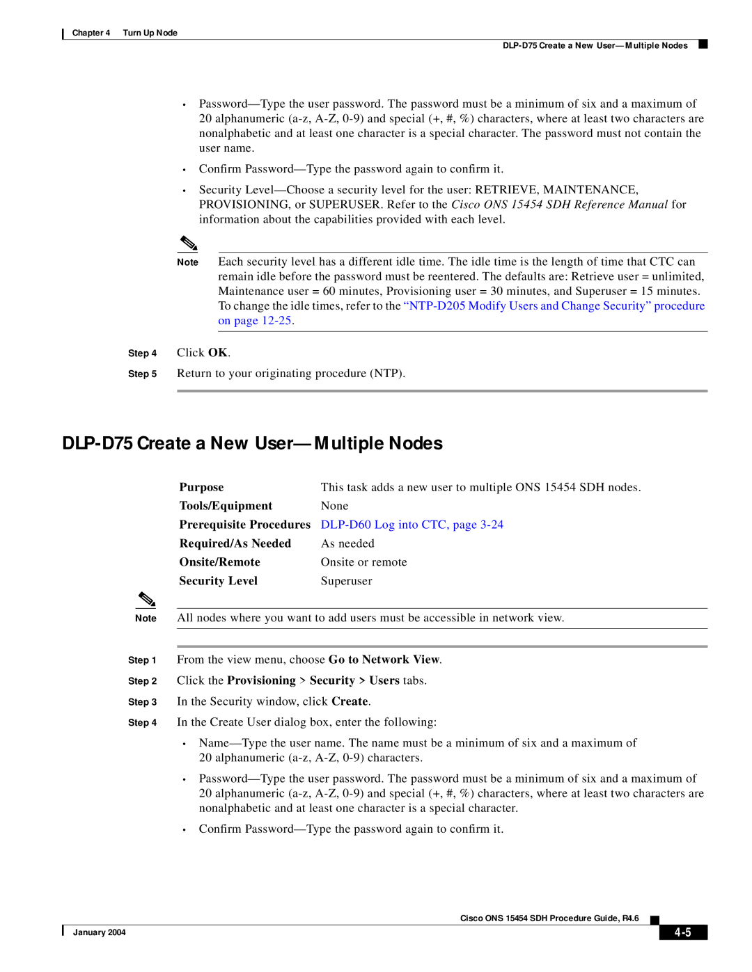 Cisco Systems Cisco ONS 15454 SDH manual DLP-D75 Create a New User-Multiple Nodes 