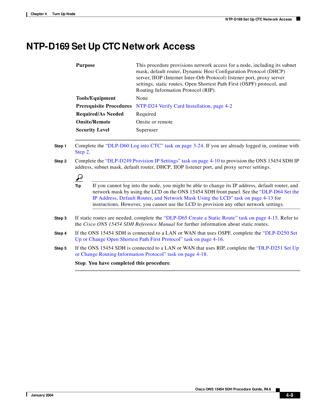 Cisco Systems Cisco ONS 15454 SDH manual NTP-D169 Set Up CTC Network Access 