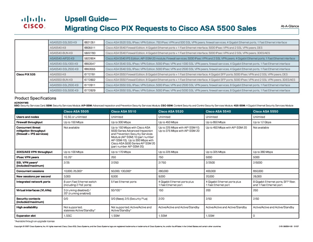 Cisco Systems Cisco PIX 500 Product Specifications, Upsell Guide Migrating Cisco PIX Requests to Cisco ASA 5500 Sales 