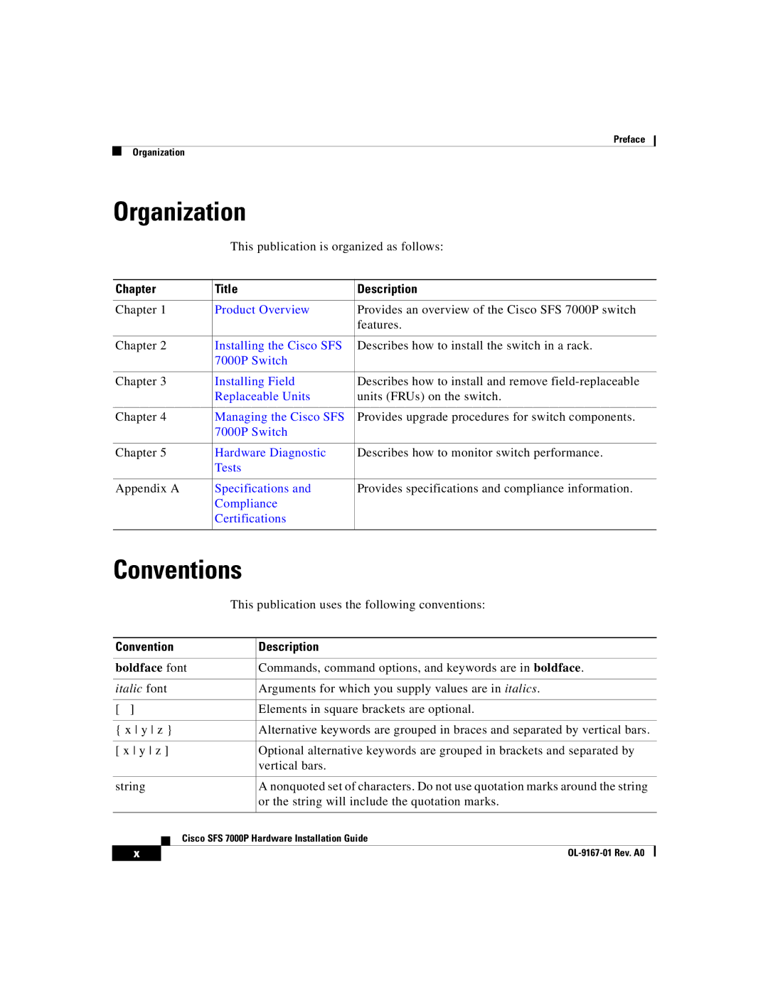 Cisco Systems Cisco SFS 7000P manual Organization, Conventions, Chapter Title Description, Convention Description 