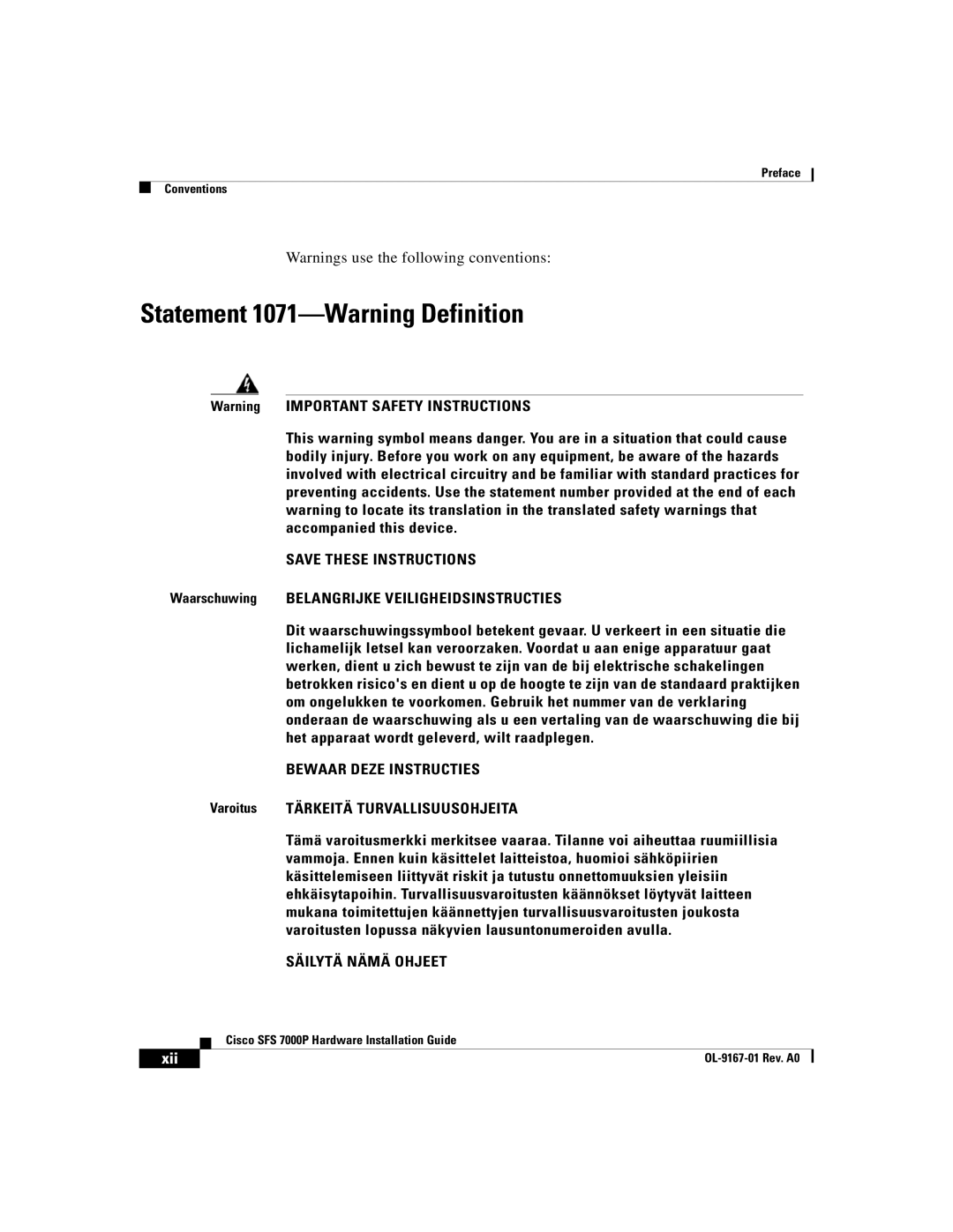 Cisco Systems Cisco SFS 7000P manual Statement 1071-Warning Definition, Varoitus Tärkeitä Turvallisuusohjeita, Xii 