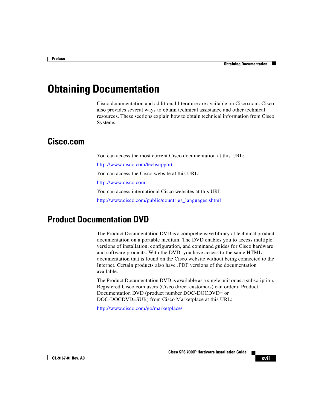 Cisco Systems Cisco SFS 7000P manual Obtaining Documentation, Cisco.com, Product Documentation DVD, Xvii 