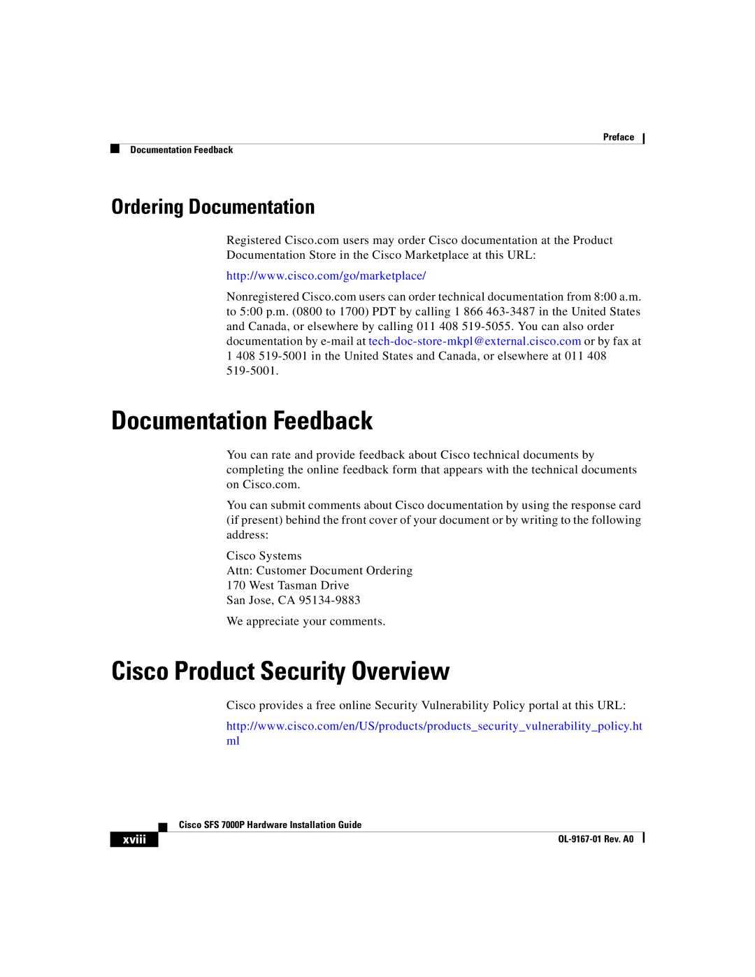 Cisco Systems Cisco SFS 7000P manual Documentation Feedback, Cisco Product Security Overview, Ordering Documentation, Xviii 