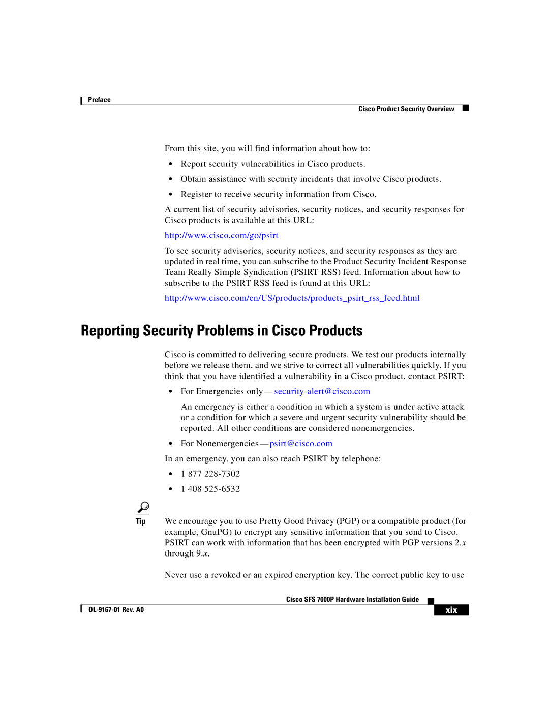 Cisco Systems Cisco SFS 7000P manual Reporting Security Problems in Cisco Products, Xix 