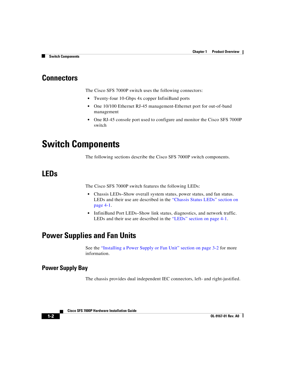 Cisco Systems Cisco SFS 7000P manual Switch Components, Connectors, LEDs, Power Supplies and Fan Units 