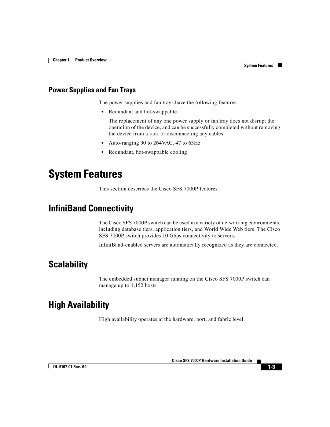 Cisco Systems Cisco SFS 7000P manual System Features, InfiniBand Connectivity, Scalability, High Availability 