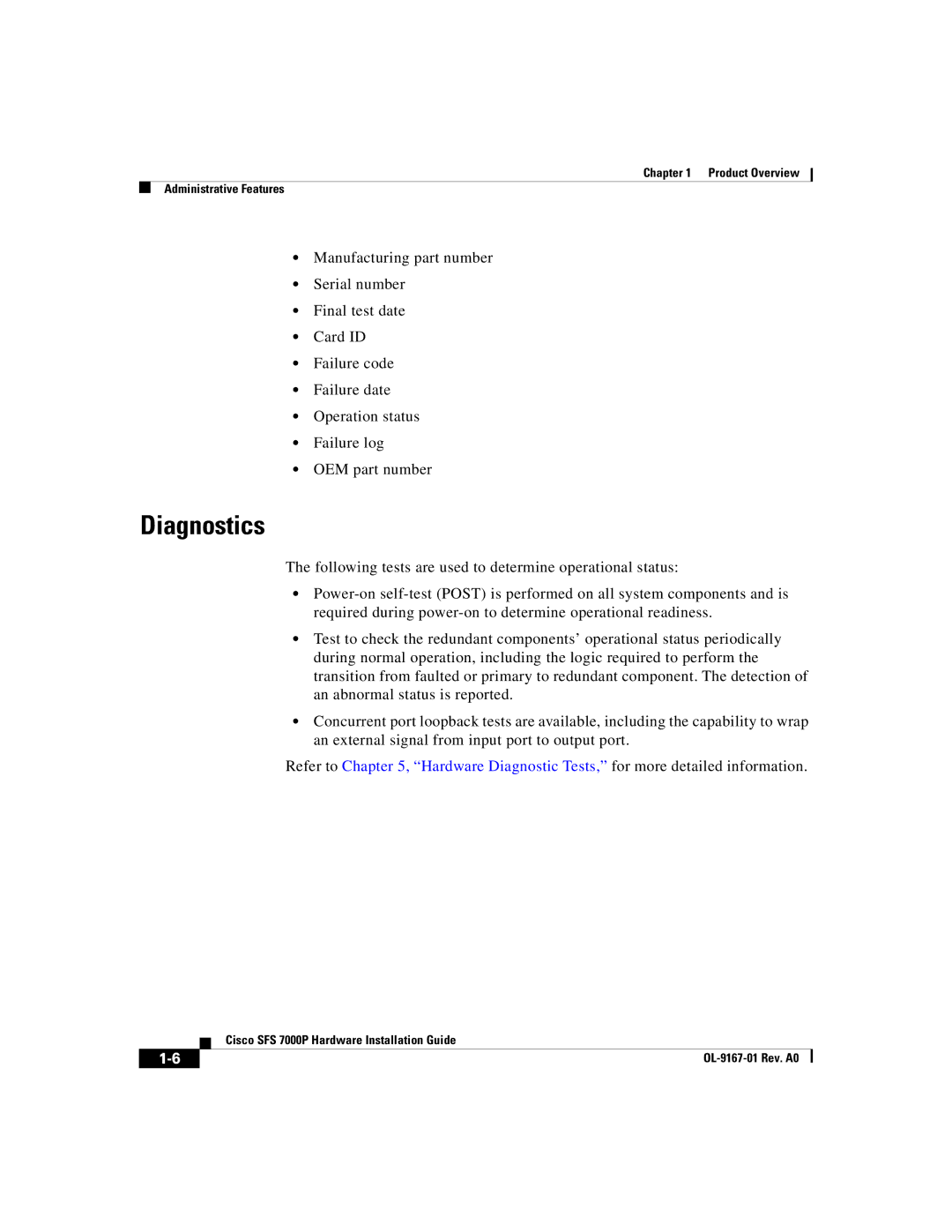 Cisco Systems Cisco SFS 7000P manual Diagnostics 