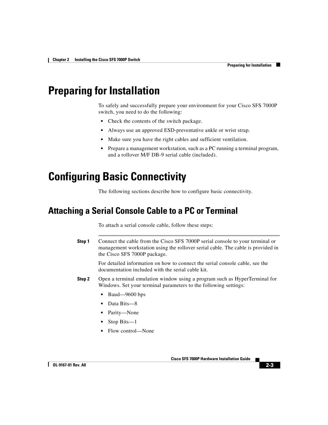 Cisco Systems Cisco SFS 7000P manual Preparing for Installation, Configuring Basic Connectivity 