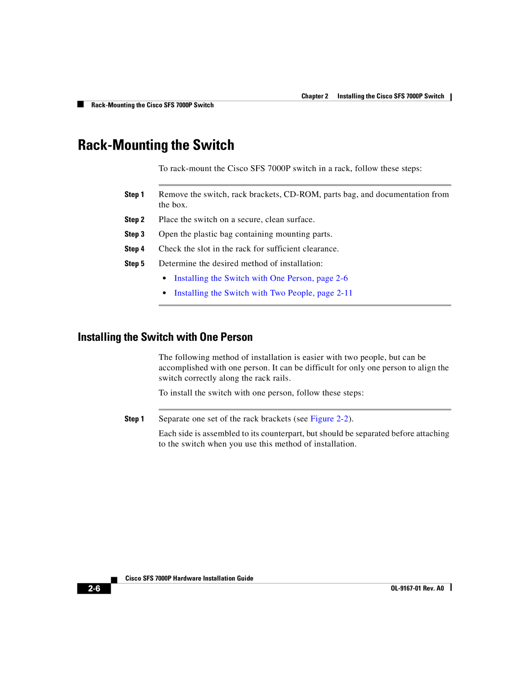 Cisco Systems Cisco SFS 7000P manual Rack-Mounting the Switch, Installing the Switch with One Person 