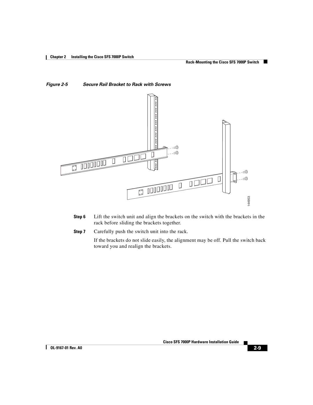 Cisco Systems Cisco SFS 7000P manual Secure Rail Bracket to Rack with Screws 