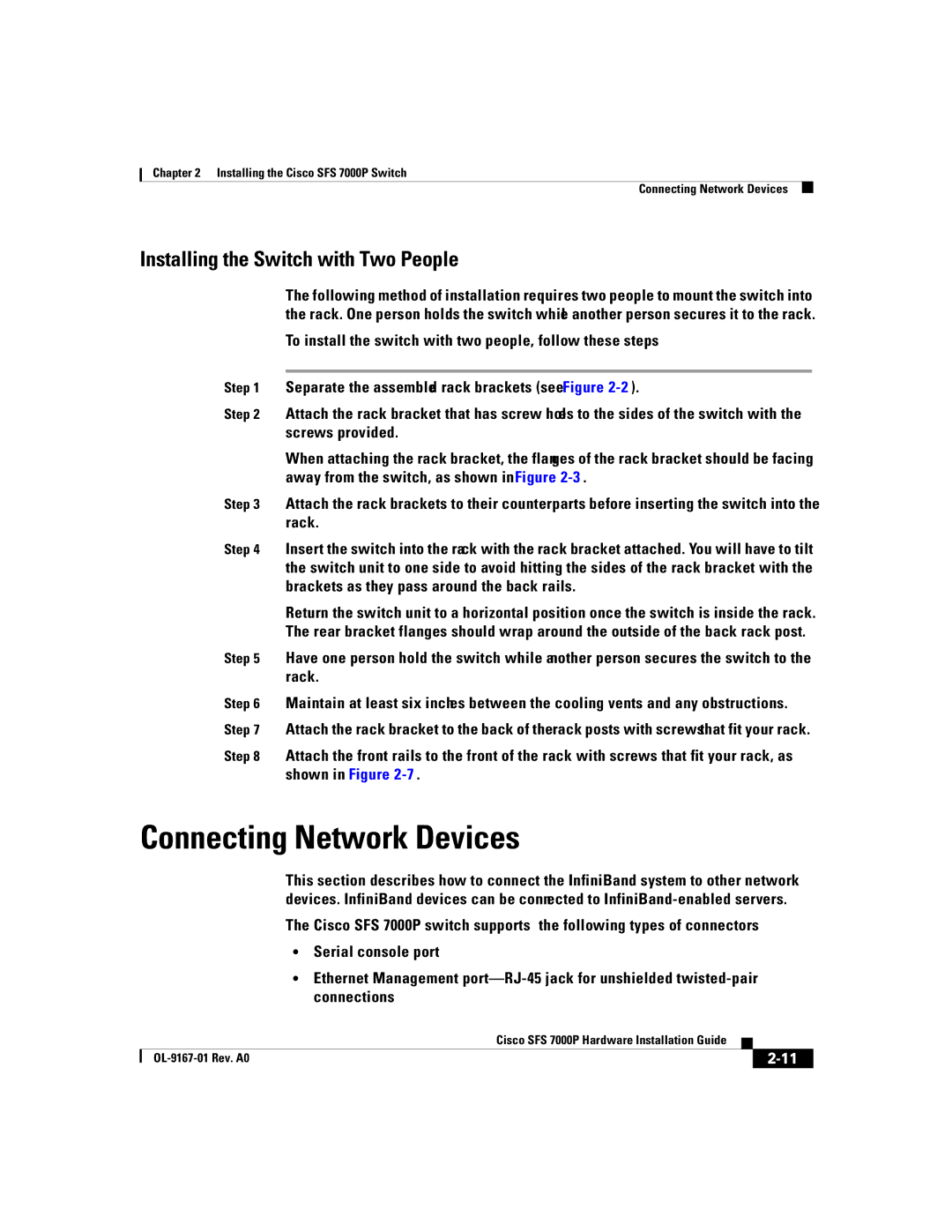 Cisco Systems Cisco SFS 7000P manual Connecting Network Devices, Installing the Switch with Two People 