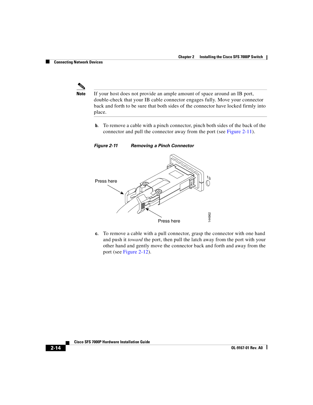 Cisco Systems Cisco SFS 7000P manual Removing a Pinch Connector 