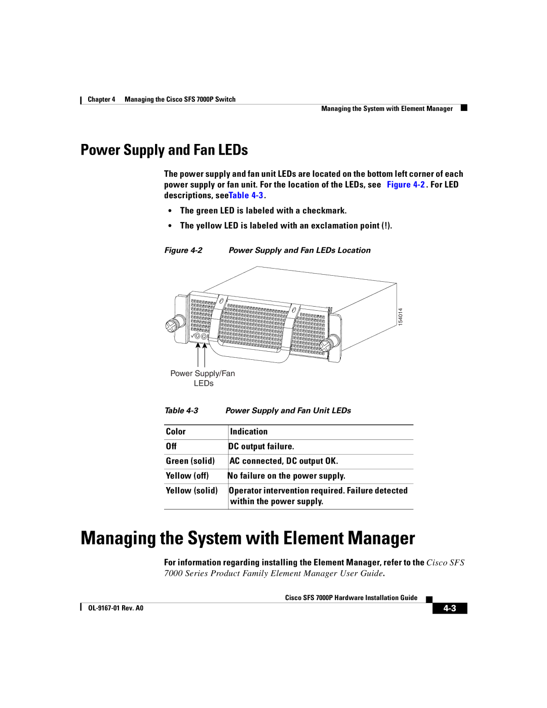 Cisco Systems Cisco SFS 7000P manual Managing the System with Element Manager, Power Supply and Fan LEDs 