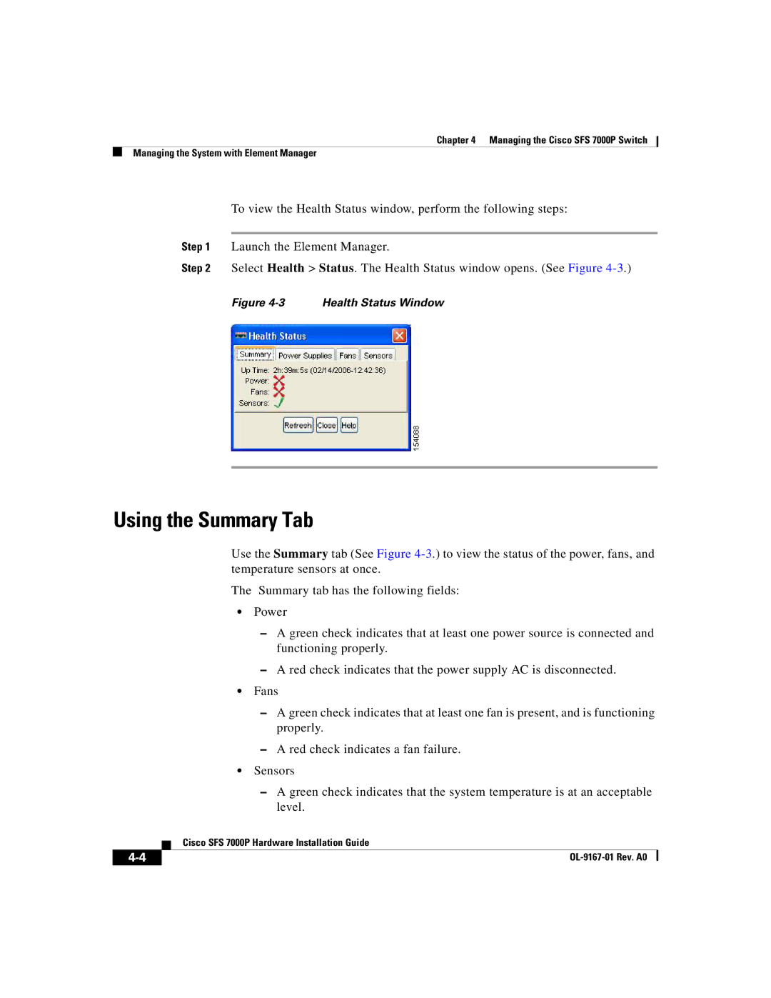 Cisco Systems Cisco SFS 7000P manual Using the Summary Tab, Health Status Window 