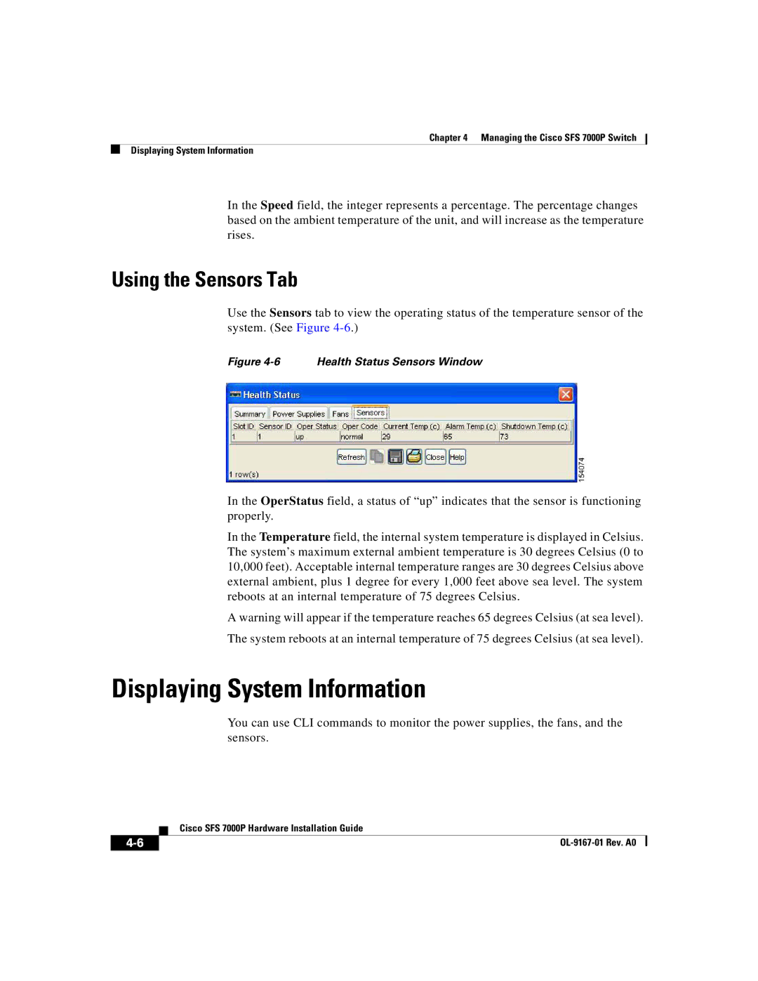 Cisco Systems Cisco SFS 7000P manual Displaying System Information, Using the Sensors Tab 