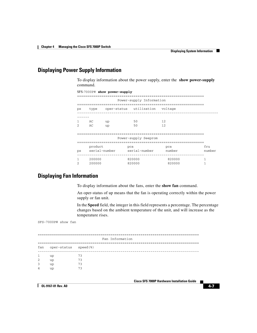 Cisco Systems Cisco SFS 7000P manual Displaying Power Supply Information, SFS-7000P#show power-supply 