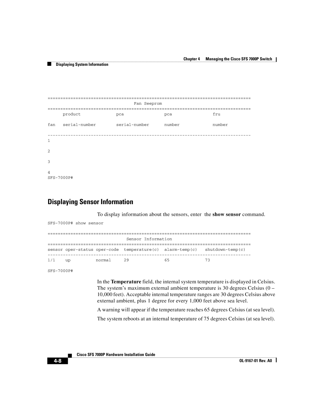 Cisco Systems Cisco SFS 7000P manual Displaying Sensor Information 