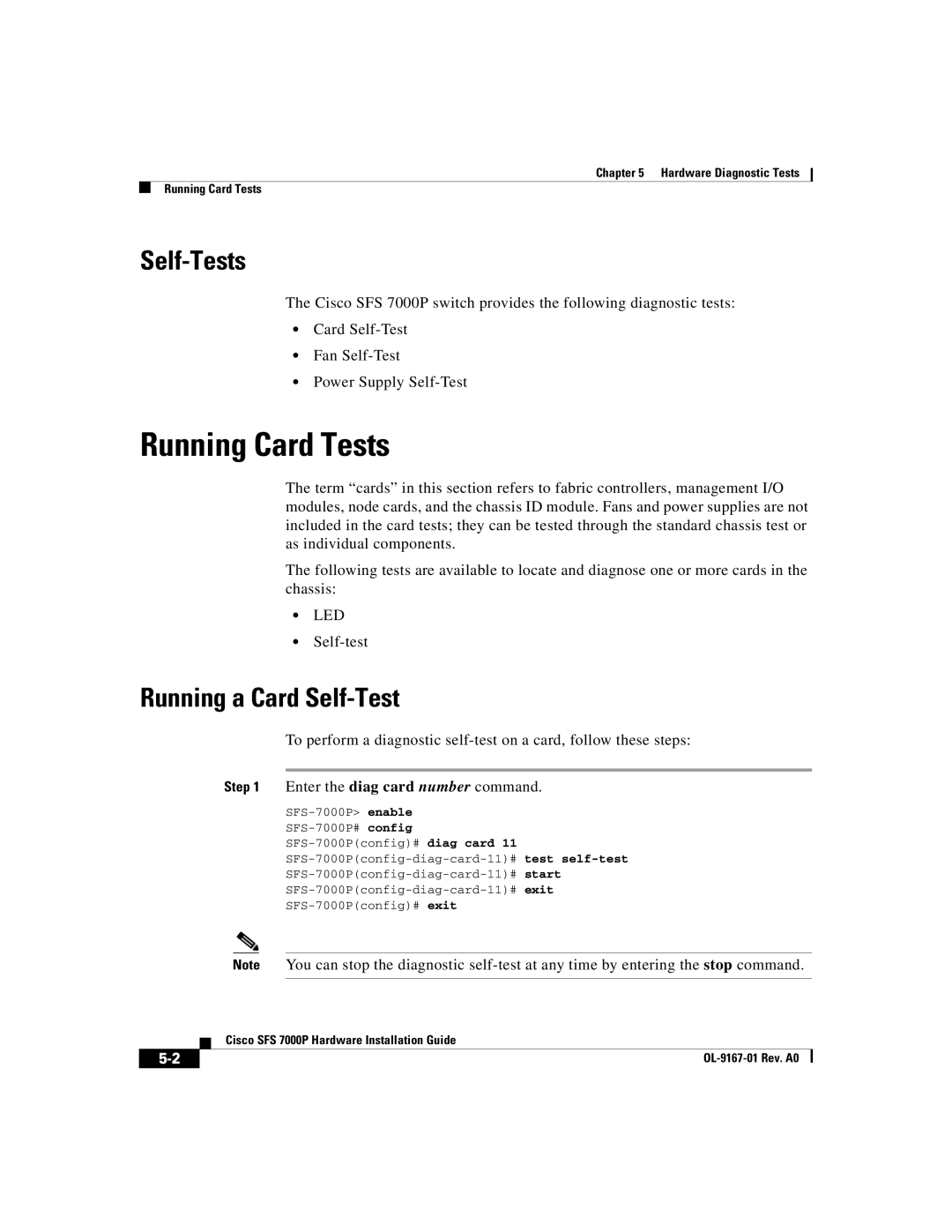 Cisco Systems Cisco SFS 7000P manual Running Card Tests, Self-Tests, Running a Card Self-Test 