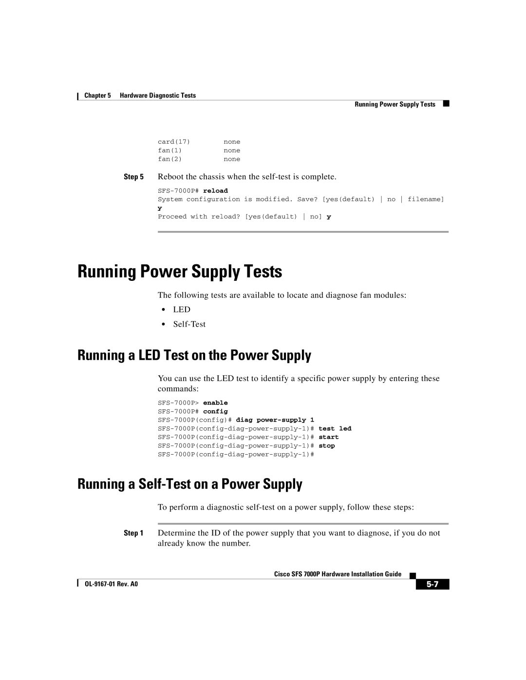 Cisco Systems Cisco SFS 7000P manual Running Power Supply Tests, Running a LED Test on the Power Supply, Start, Stop 