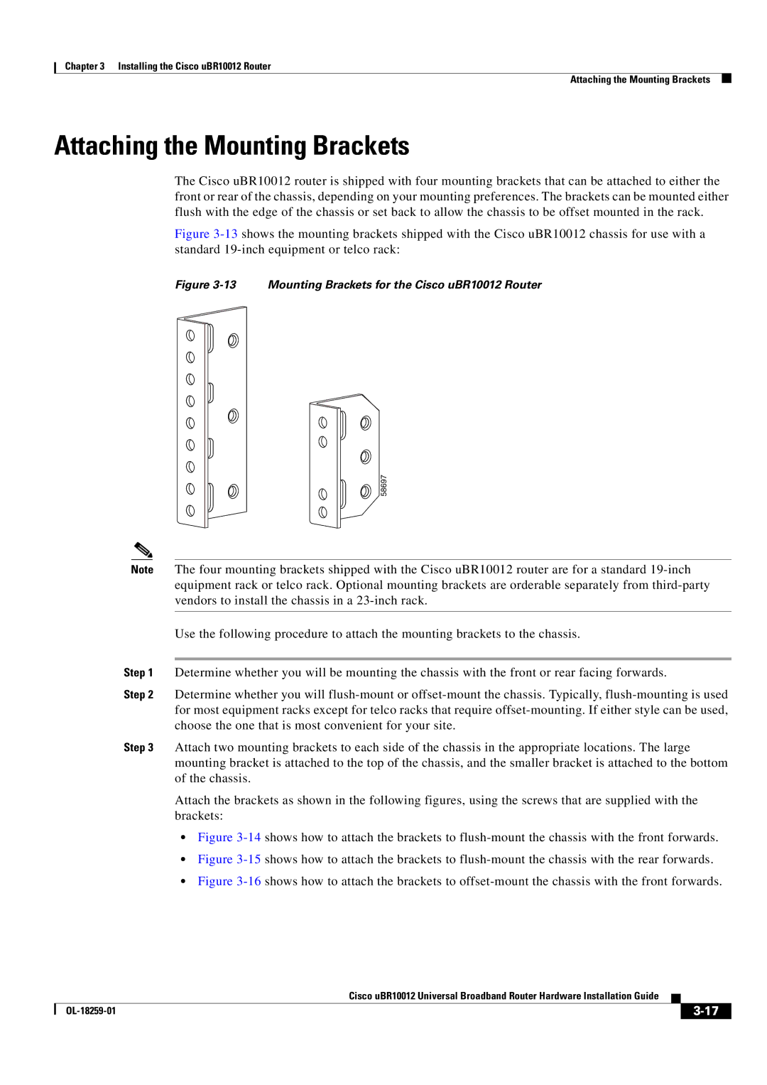 Cisco Systems manual Attaching the Mounting Brackets, Mounting Brackets for the Cisco uBR10012 Router 