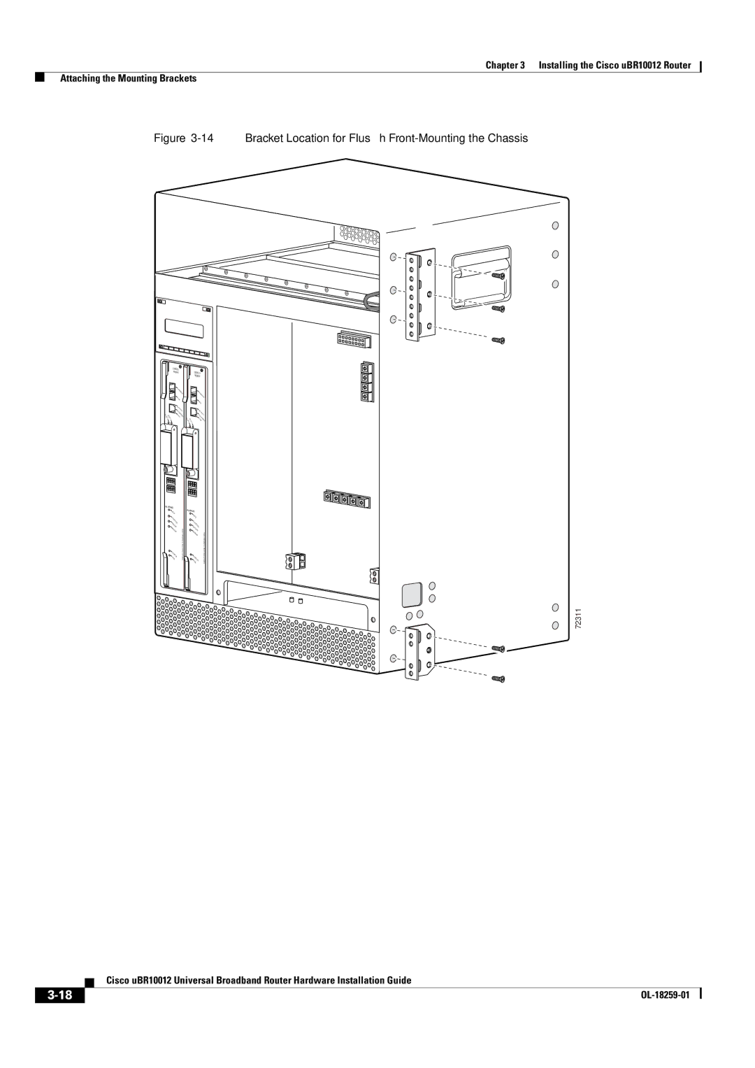 Cisco Systems Cisco uBR10012 manual Bracket Location for Flush Front-Mounting the Chassis 