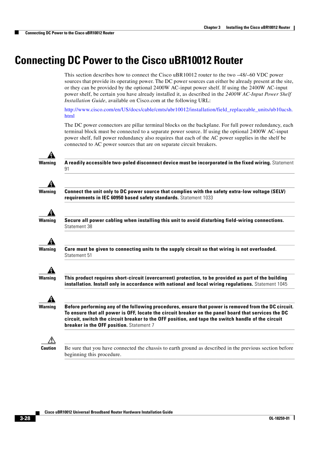 Cisco Systems manual Connecting DC Power to the Cisco uBR10012 Router 