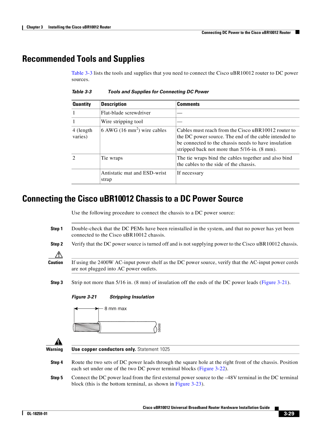 Cisco Systems manual Connecting the Cisco uBR10012 Chassis to a DC Power Source, Stripping Insulation 