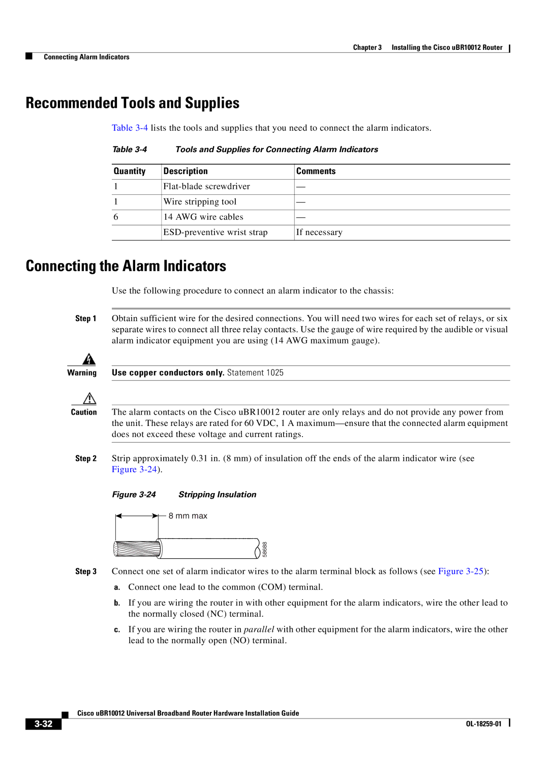 Cisco Systems Cisco uBR10012 manual Connecting the Alarm Indicators, Stripping Insulation 