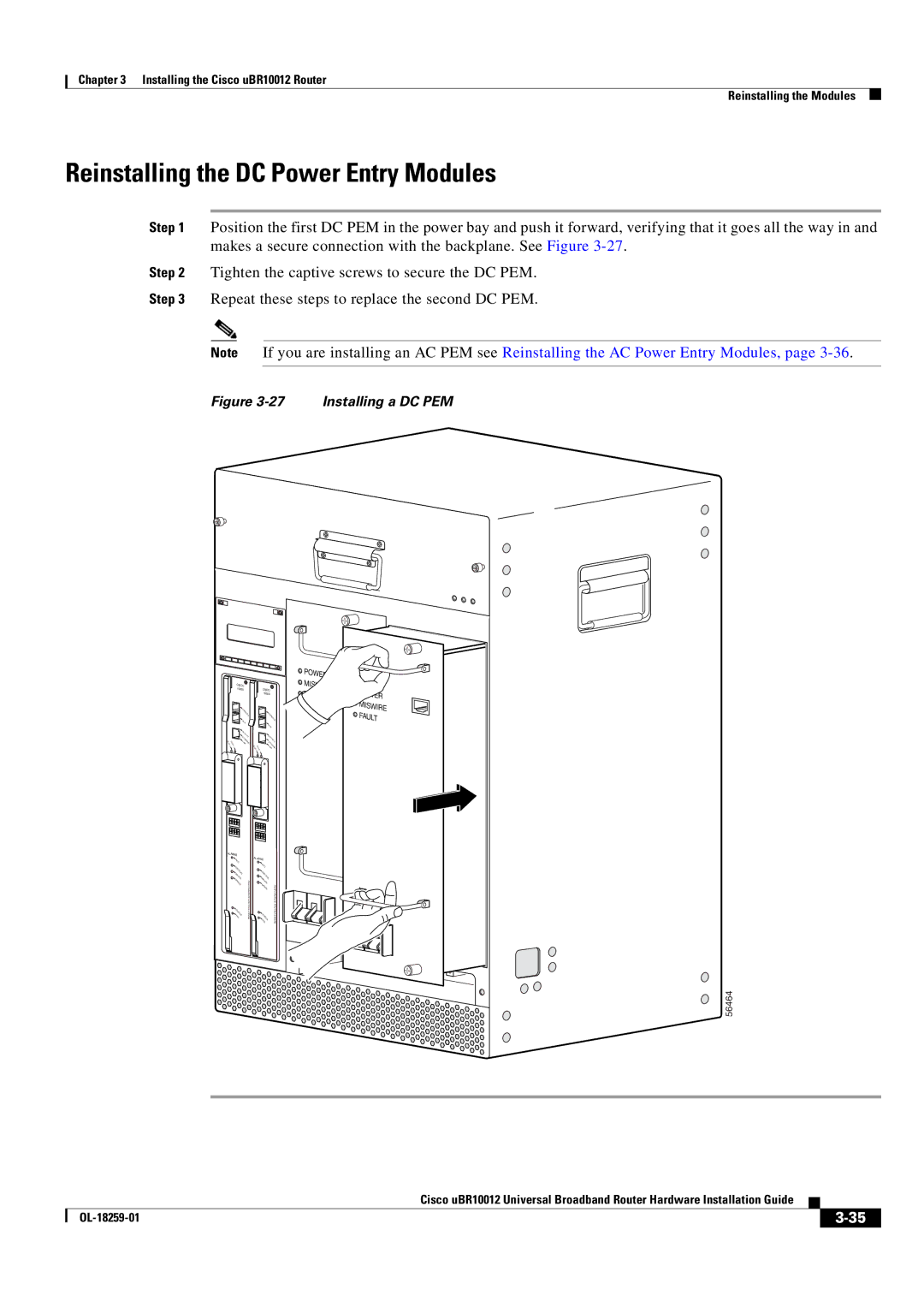 Cisco Systems Cisco uBR10012 manual Reinstalling the DC Power Entry Modules, Installing a DC PEM 