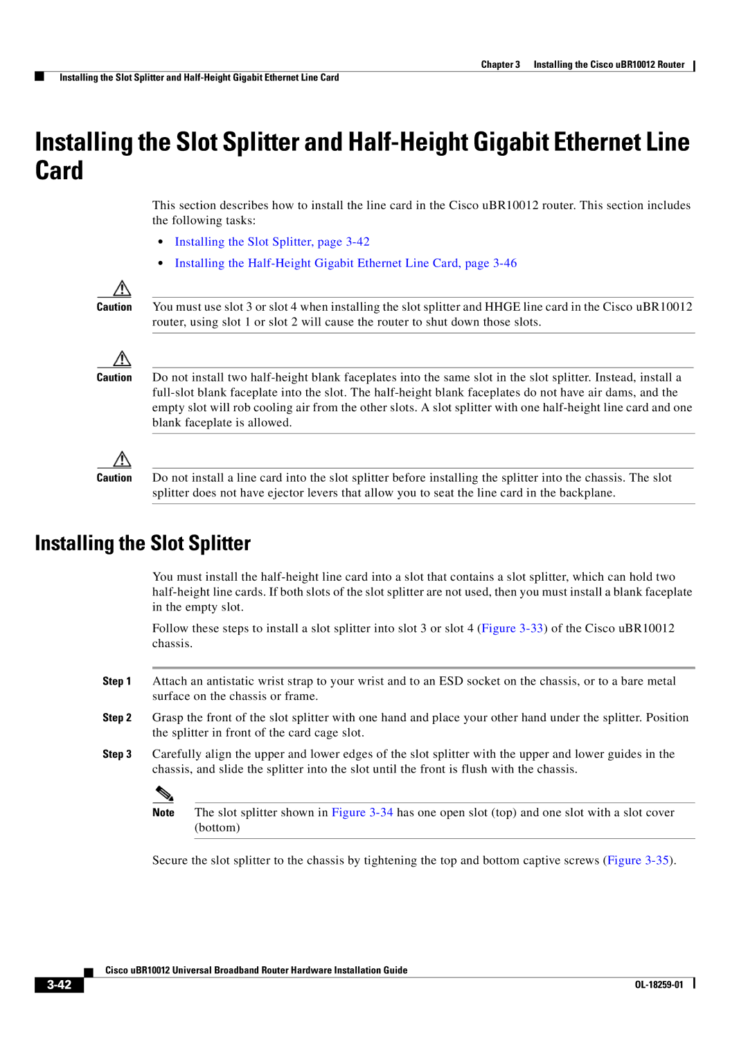 Cisco Systems Cisco uBR10012 manual Installing the Slot Splitter 