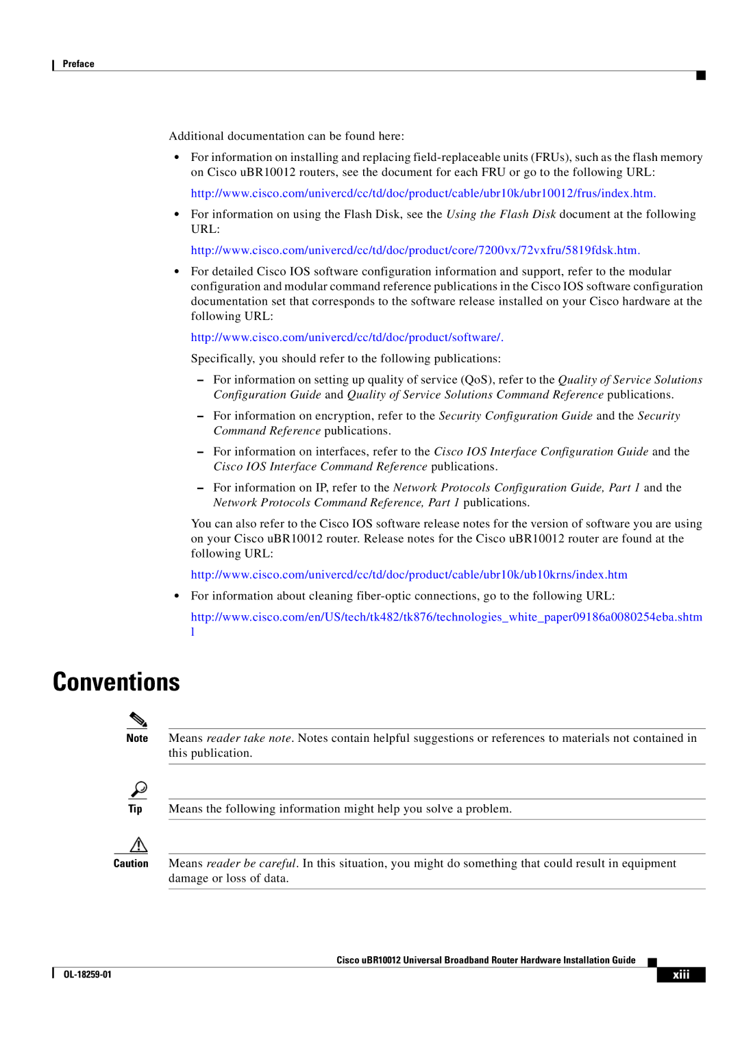 Cisco Systems Cisco uBR10012 manual Conventions, Xiii 