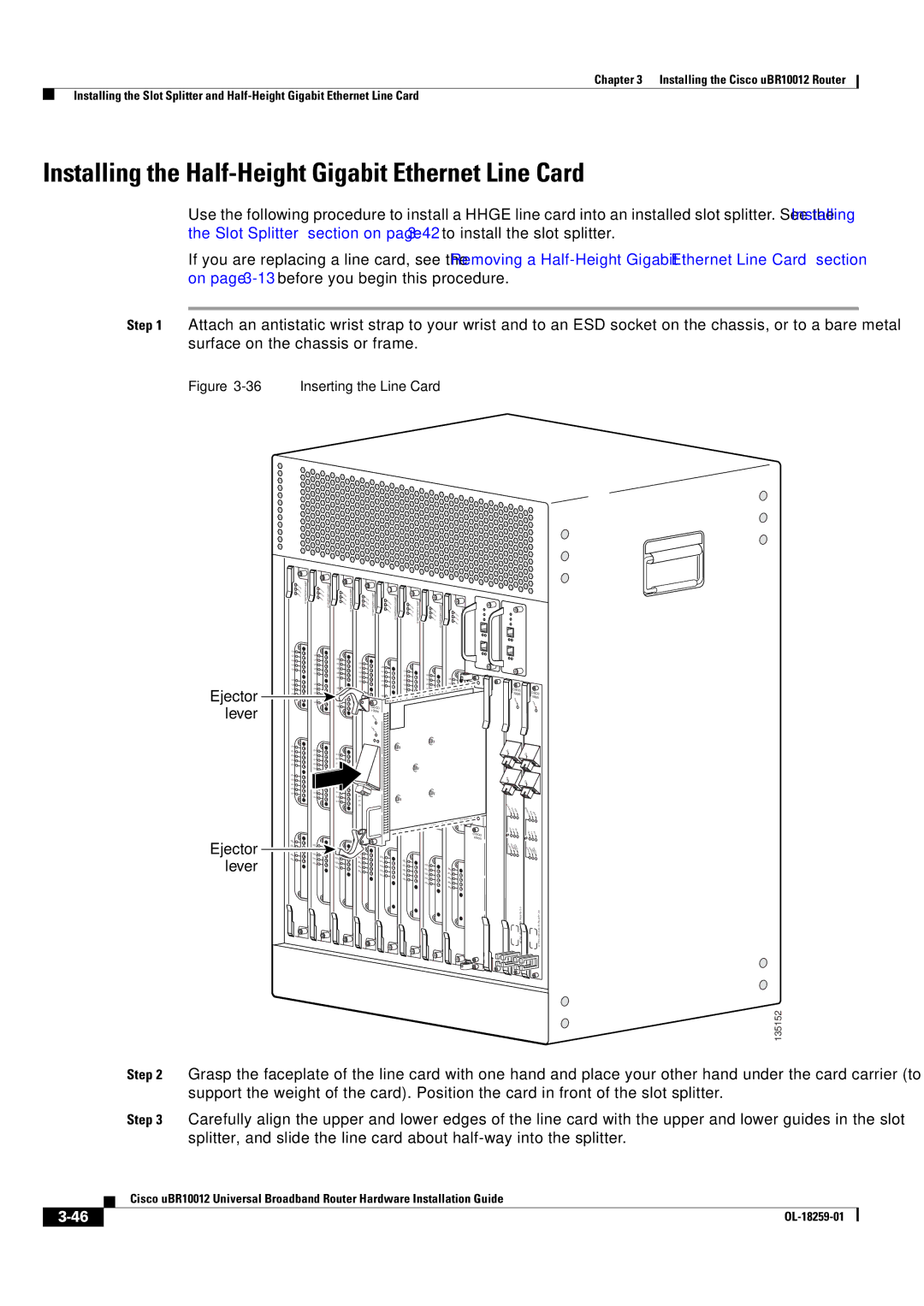 Cisco Systems Cisco uBR10012 manual Installing the Half-Height Gigabit Ethernet Line Card, Ejector Ejector lever 