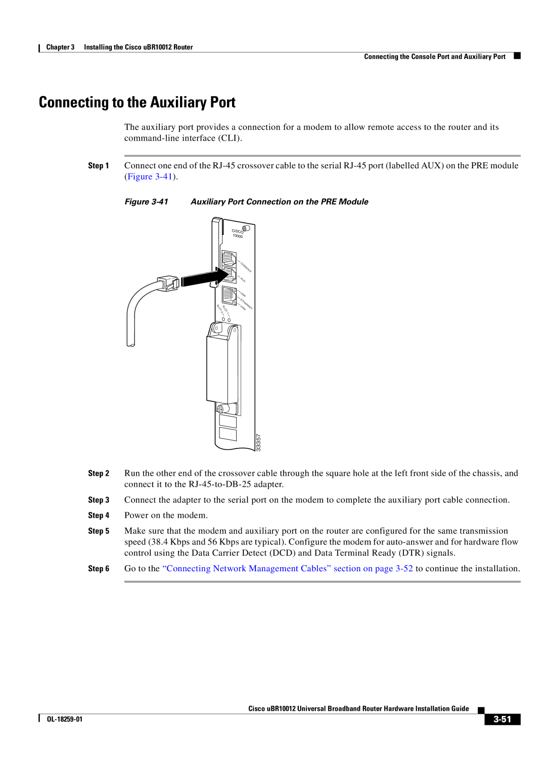 Cisco Systems Cisco uBR10012 manual Connecting to the Auxiliary Port, Auxiliary Port Connection on the PRE Module 