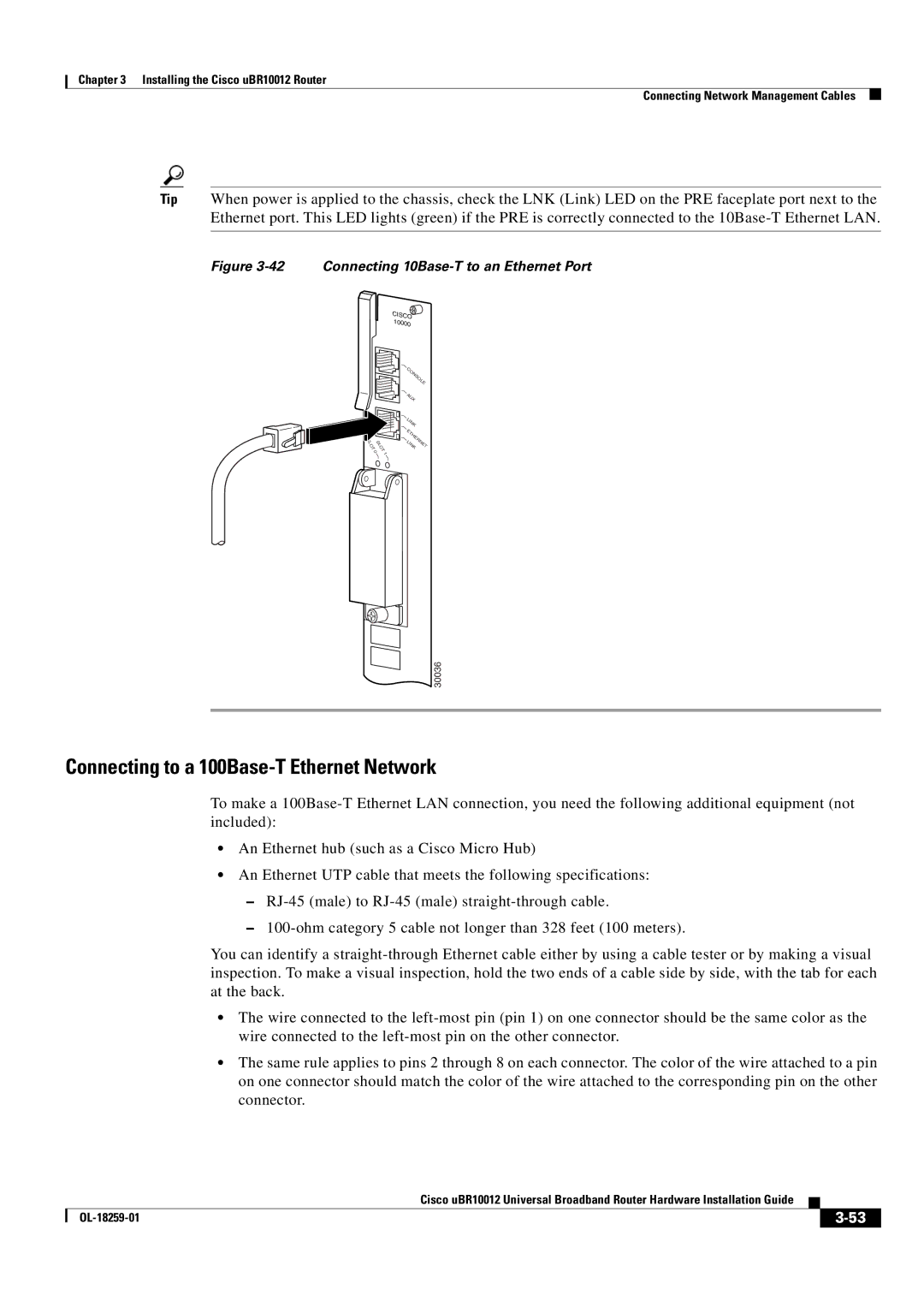 Cisco Systems Cisco uBR10012 manual Connecting to a 100Base-T Ethernet Network, Connecting 10Base-T to an Ethernet Port 