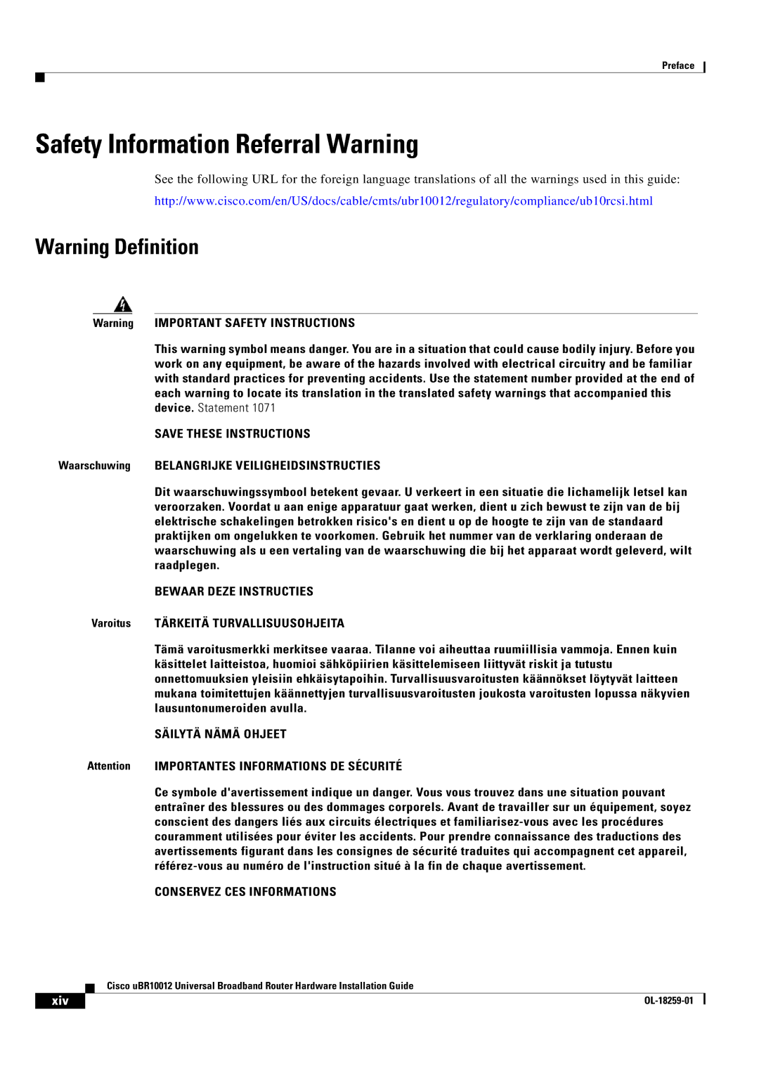 Cisco Systems Cisco uBR10012 manual Safety Information Referral Warning, Xiv 