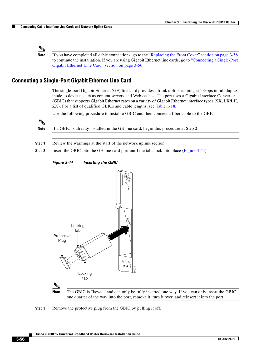 Cisco Systems Cisco uBR10012 manual Connecting a Single-Port Gigabit Ethernet Line Card 