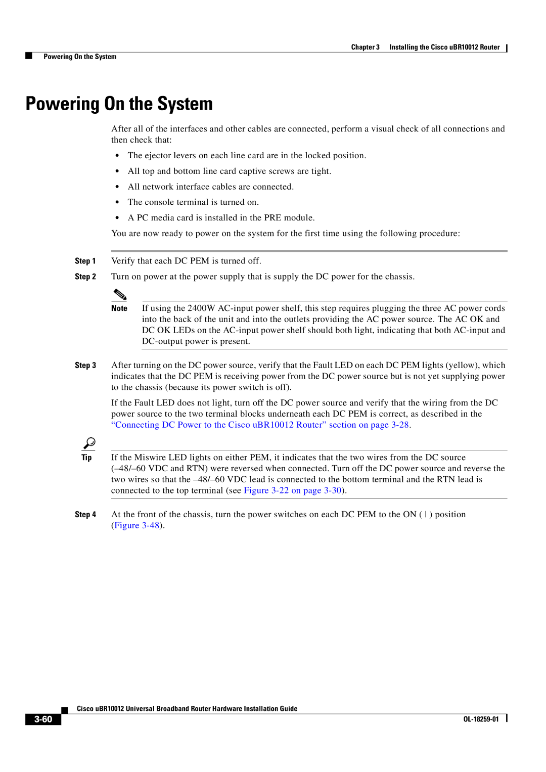 Cisco Systems Cisco uBR10012 manual Powering On the System 