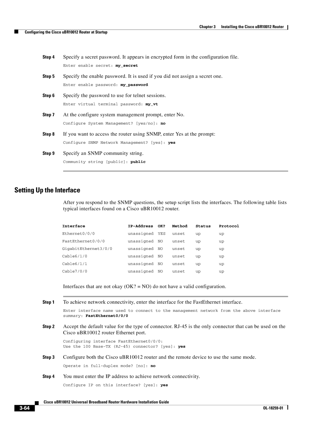 Cisco Systems Cisco uBR10012 manual Setting Up the Interface, Ok? 