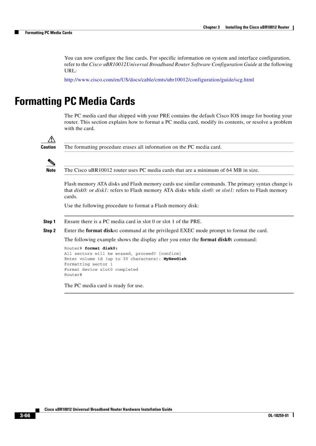 Cisco Systems Cisco uBR10012 manual Formatting PC Media Cards, Router# format disk0 