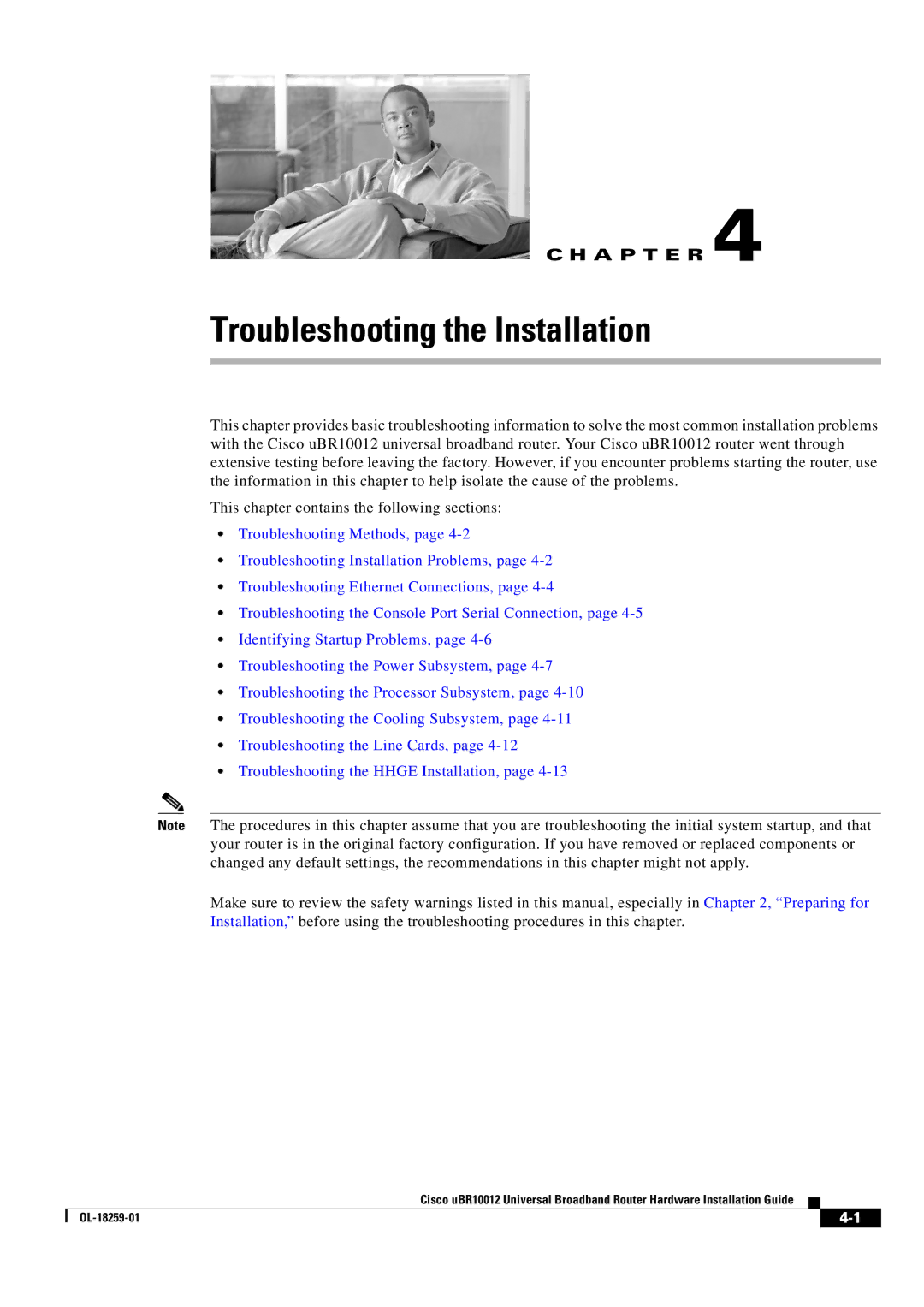 Cisco Systems Cisco uBR10012 manual Troubleshooting the Installation 