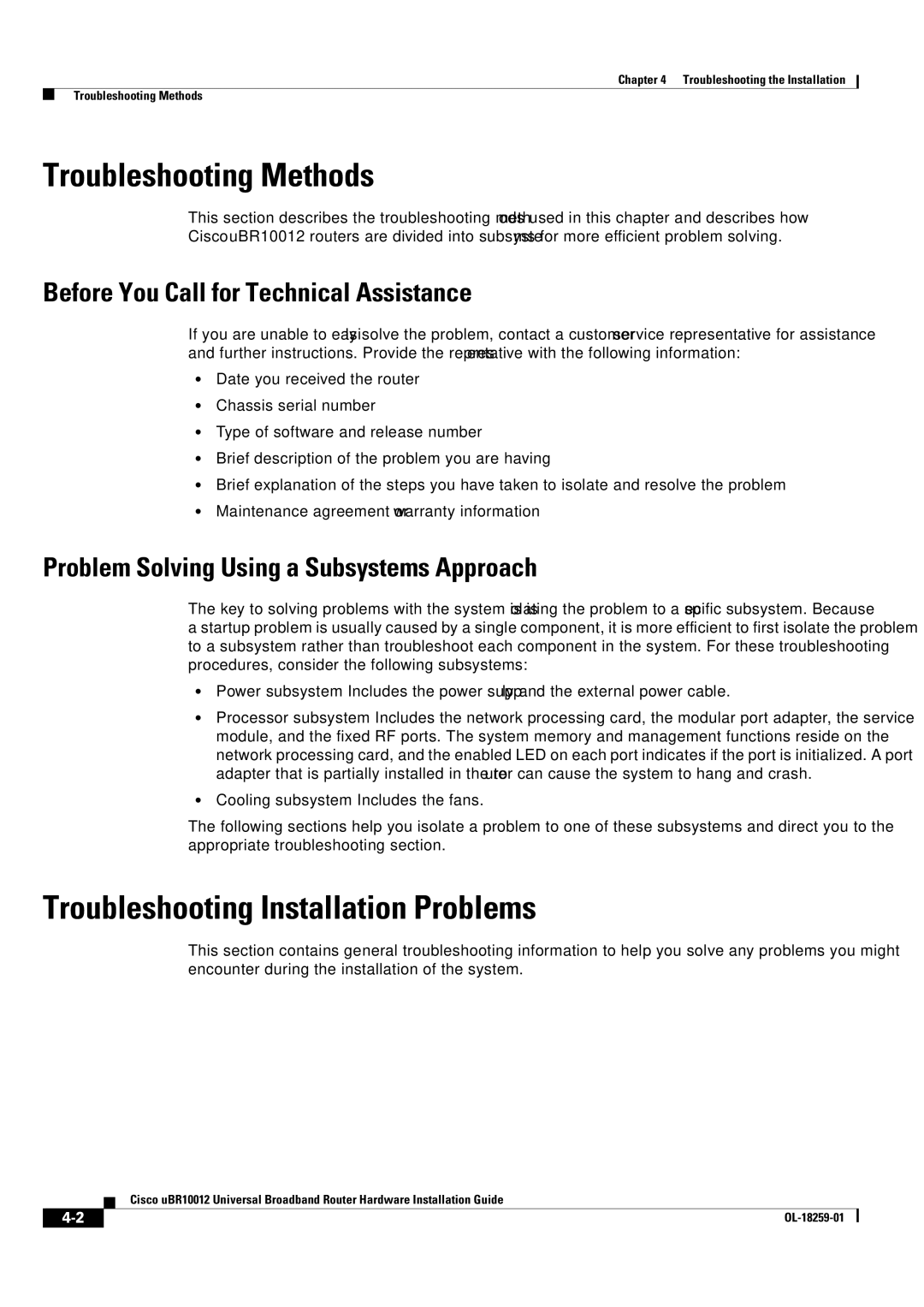 Cisco Systems Cisco uBR10012 manual Troubleshooting Methods, Troubleshooting Installation Problems 