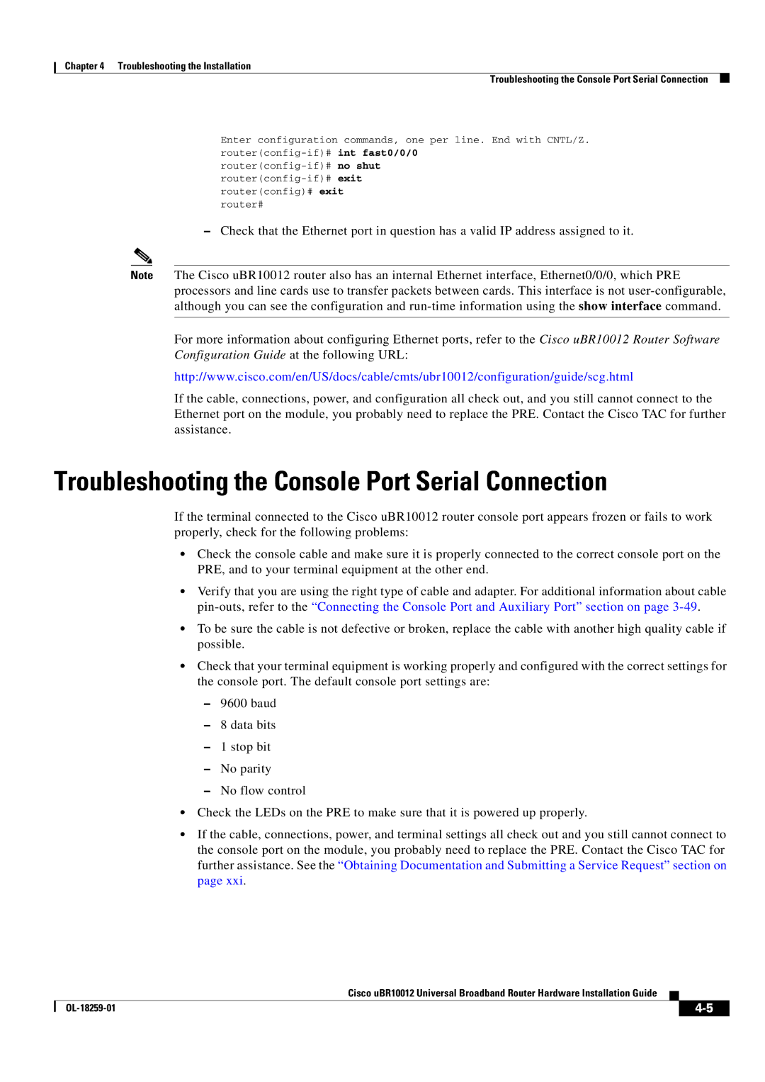 Cisco Systems Cisco uBR10012 manual Troubleshooting the Console Port Serial Connection, Troubleshooting the Installation 