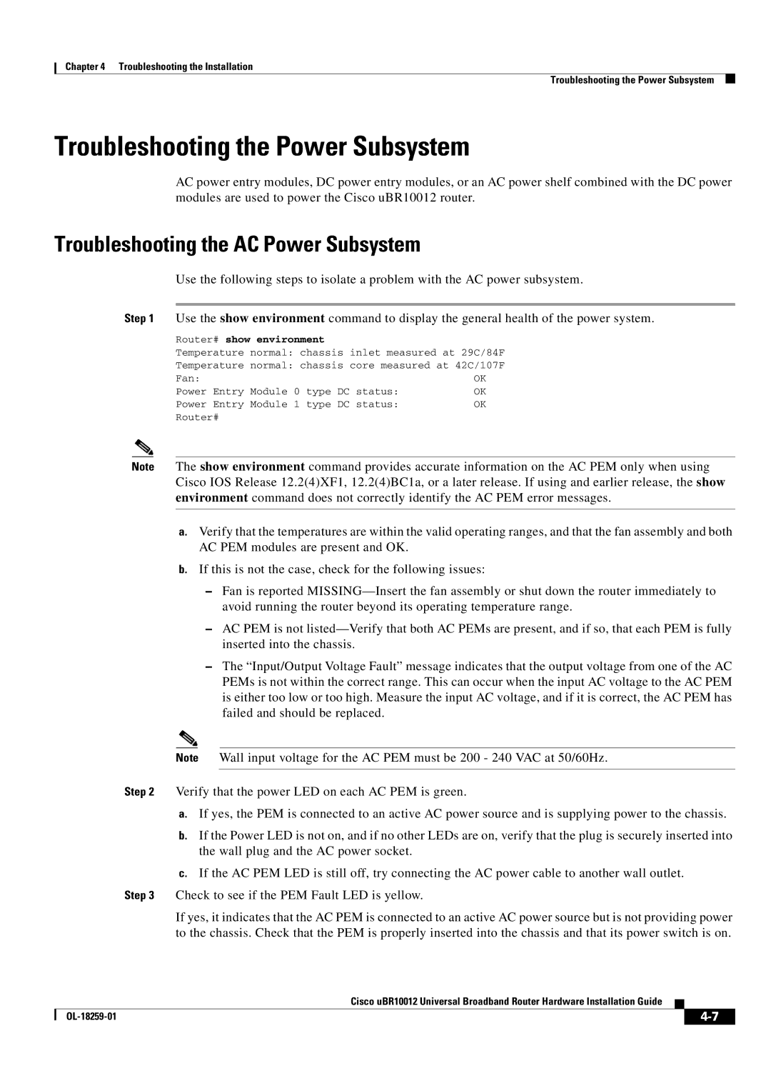 Cisco Systems Cisco uBR10012 manual Troubleshooting the Power Subsystem, Troubleshooting the AC Power Subsystem 