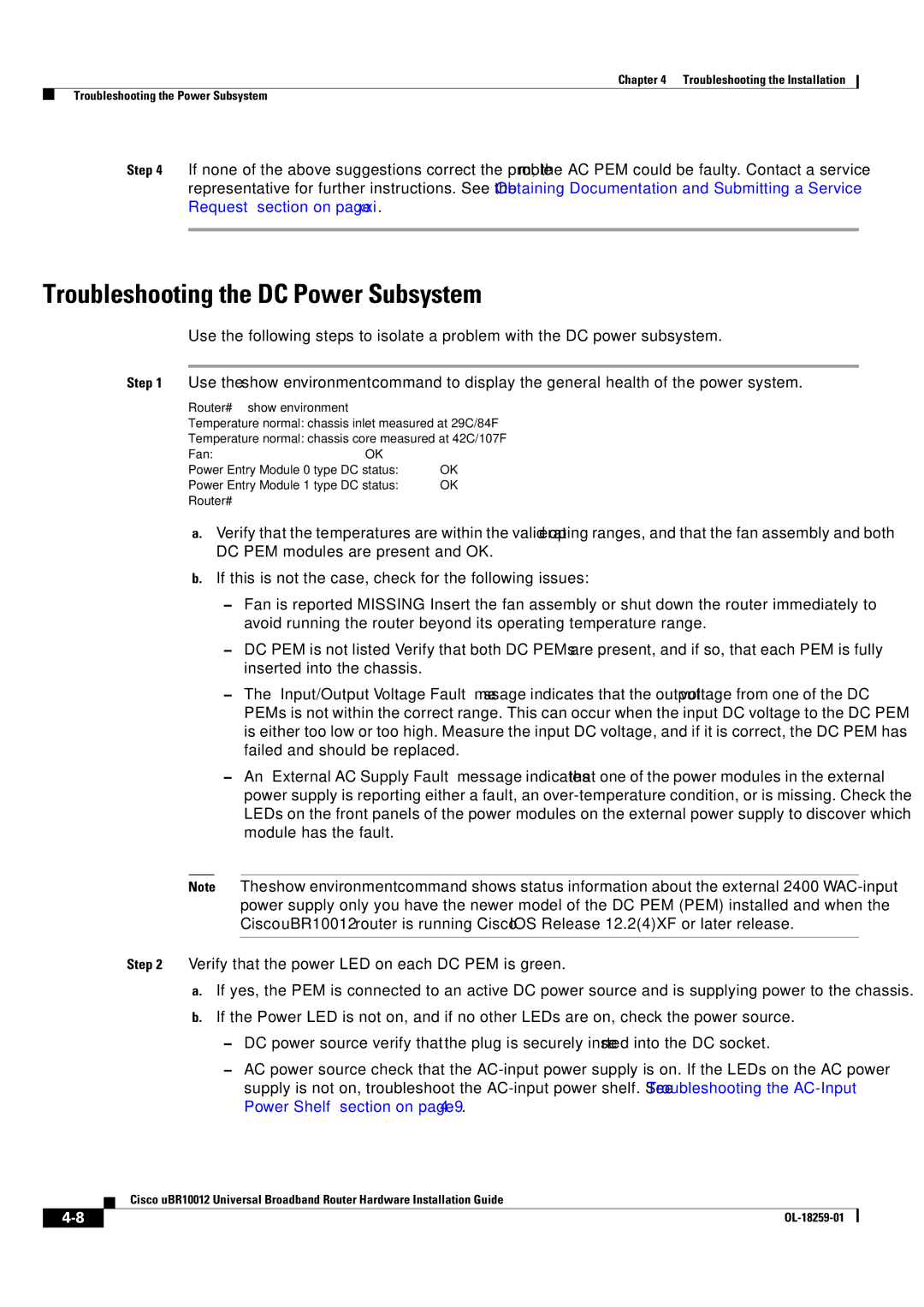 Cisco Systems Cisco uBR10012 manual Troubleshooting the DC Power Subsystem 